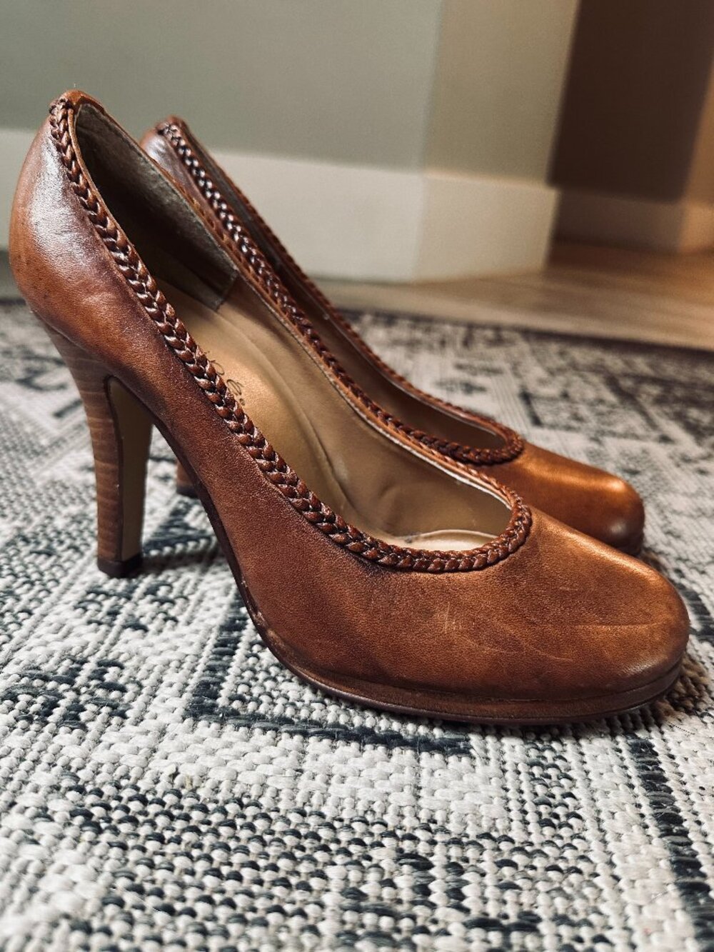 Maripé Italian Cognac Brown Leather Braided Trim Detail Heels - 6.5